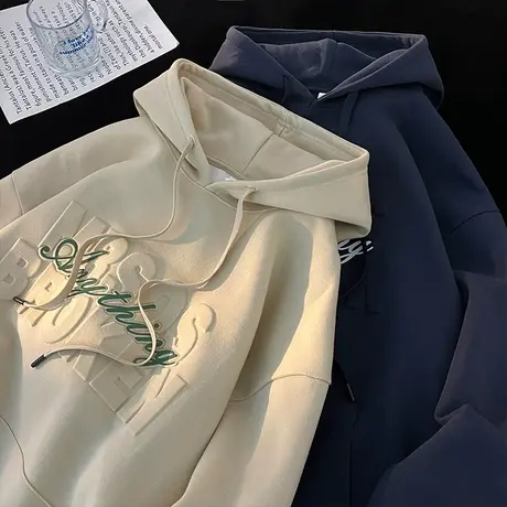 连帽卫衣男春秋季2024新款休闲潮流宽松运动外套港风复古钢印字母商品大图