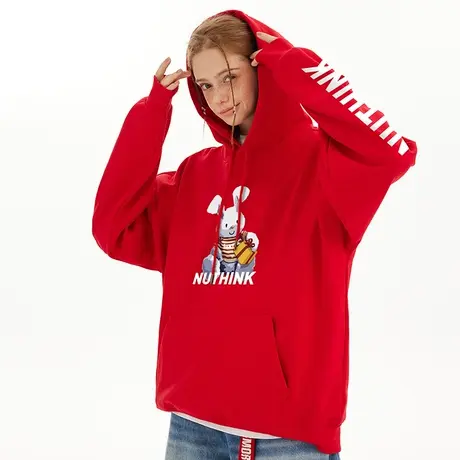 Nuthink带帽宽松兔年本命年红色卫衣男潮潮牌冬季大码中性风外套商品大图