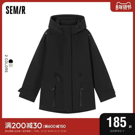 森马棉服女中长款连帽撞色工装风2022冬季新款个性收腰宽松棉衣潮图片