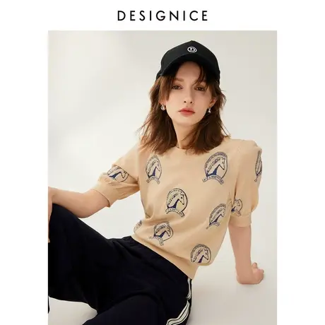 商场同款迪赛尼斯2024春季新款通勤风上衣圆领短款五分袖针织衫女商品大图