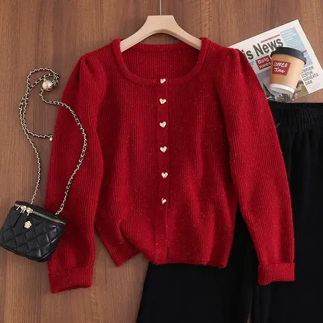 23191新款韩版宽松圆领高腰针织衫长袖纽扣开衫外套毛衣女上衣商品大图