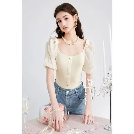 秋水伊人甜美法式方领针织衫2025年夏季新款女可爱泡泡袖减龄上衣商品大图