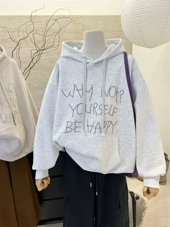 连帽卫衣女春秋薄款新款韩系慵懒风宽松显瘦字母刺绣套头上衣外套商品大图