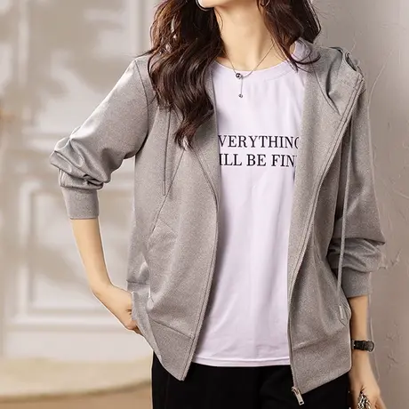 韩潮袭人宽松休闲简约连帽外套百搭拼接长袖开衫上衣女图片