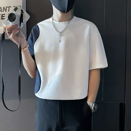 设计感撞色短袖T恤男夏季宽松休闲个性半袖上衣ins潮牌五分袖体恤商品大图