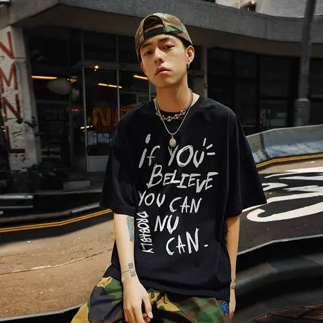 欧美潮牌字母t恤男潮中性风国潮短袖oversize宽松夏季半袖男款图片