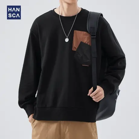 hansca秋季复古拼色圆领卫衣男宽松秋冬款黑色长袖加厚青少年上衣商品大图