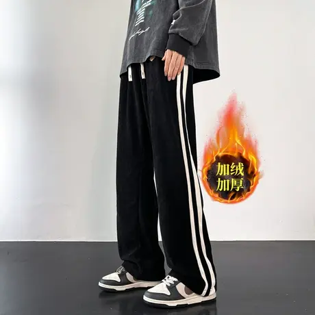 青少年黑色裤子男2023新款冬季宽松直筒阔腿裤加绒加厚男士休闲裤商品大图