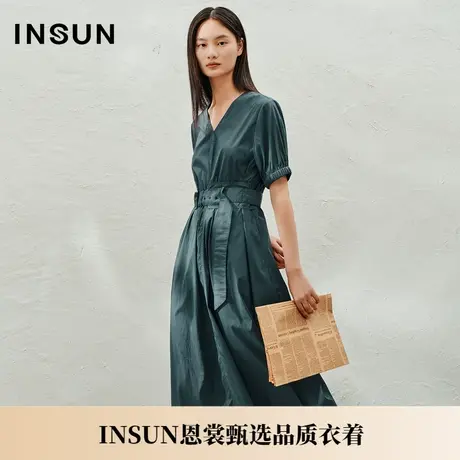 INSUN恩裳夏季V领收腰捏褶a摆连衣裙图片