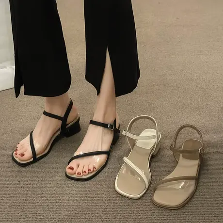 时尚百搭露趾凉鞋女2024年春夏季新款一字扣带轻便透气粗跟罗马鞋商品大图