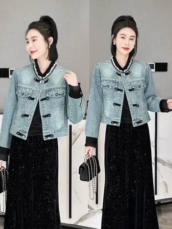 中式牛仔外套春季新款女装2024新款欧货宽松时尚设计洋气国风上衣图片