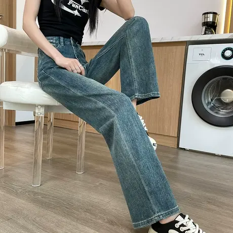 复古牛仔阔腿裤女2024年春夏新款高腰宽松显瘦百搭窄版直筒拖地裤商品大图
