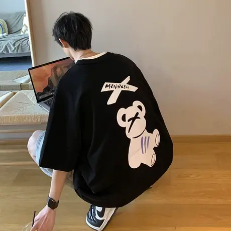 夏季宽松小熊印花短袖T袖男潮流2023新款圆领纯棉休闲内搭打底衫商品大图