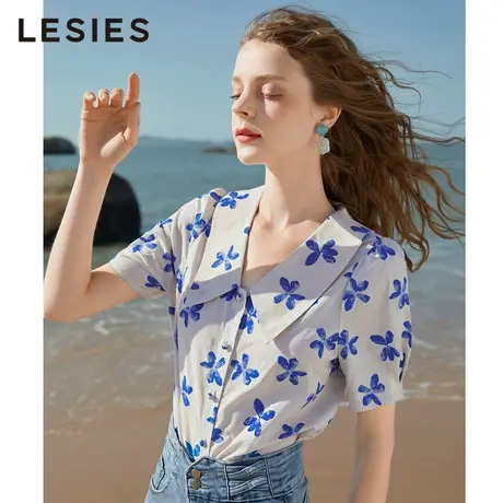 LESIES蓝色倾情春夏新法式花朵娃娃领短袖衬衫设计感减龄上衣小衫商品大图