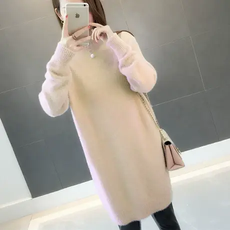 高领中长款毛衣裙加厚仿水貂绒2021秋冬新款过膝针织打底连衣裙女商品大图