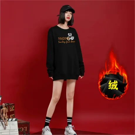 Ohlyah小熊圆领卫衣女春秋冬季无帽潮牌ins国潮情侣加绒加厚上衣图片