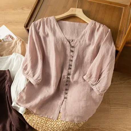 享永子中袖苎麻衬衫女文艺复古宽松显瘦棉麻上衣休闲2023春夏新款图片
