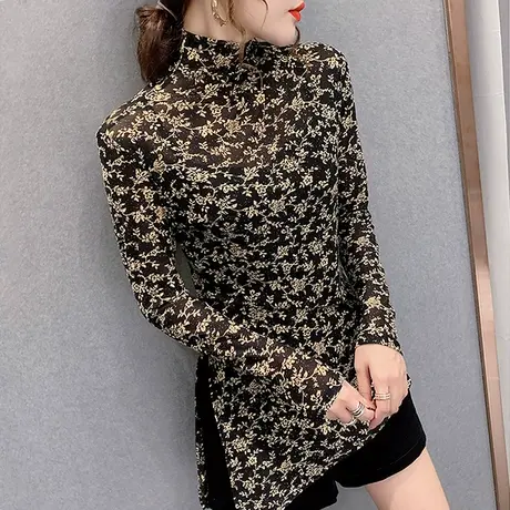 性感网纱T恤女长袖2023春秋新款复古碎花上衣不规则开叉打底衫潮商品大图