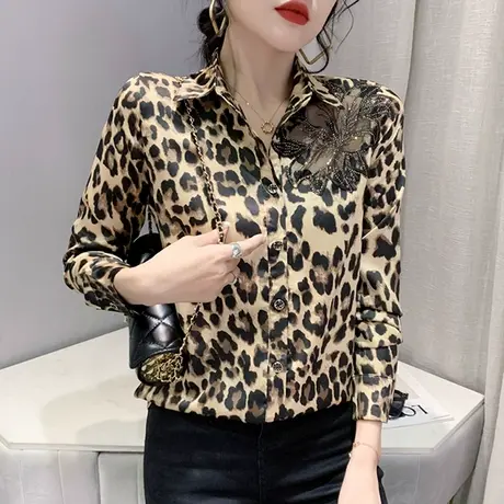 网纱拼接衬衫女长袖2023秋新款时尚豹纹打底衫气质修身POLO领上衣图片