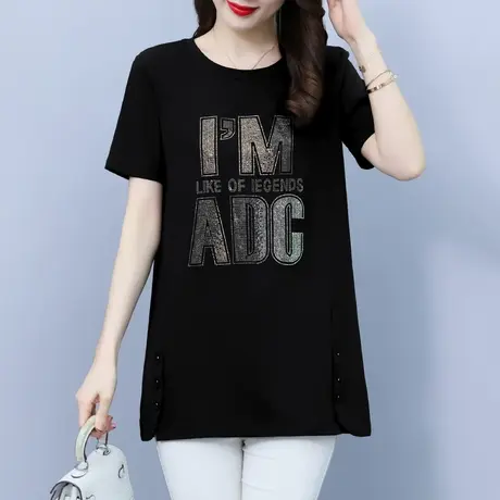 棉短袖t恤女2023新款夏季大码女装胖mm遮肚上衣藏肉中长款遮屁股商品大图