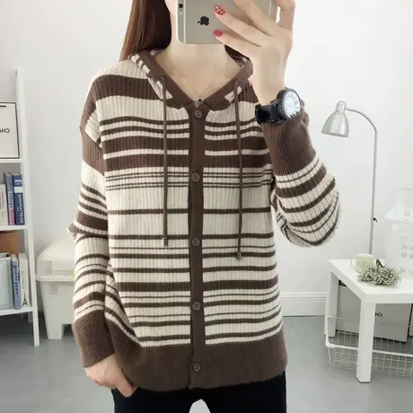 春装2023年连帽毛衣短外套女针织开衫复古条纹长袖拉链设计感小众商品大图