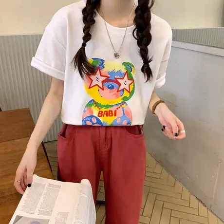 黑色小熊印花短袖t恤女2023年夏季新款宽松韩版纯棉半袖上衣ins潮商品大图
