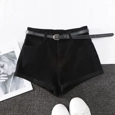 韩版卷边牛仔短裤2022秋冬新款高腰显瘦百搭chic宽松阔腿a字靴裤商品大图