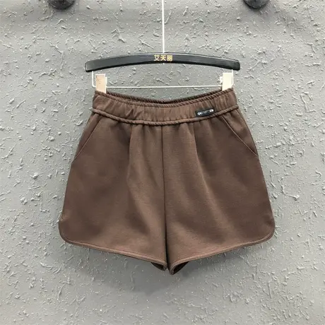 咖啡色休闲短裤女2023秋季新款松紧腰宽松显瘦阔腿裤百搭运动裤潮商品大图