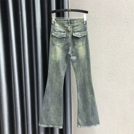 2023秋季新款个性口袋设计感牛仔微喇长裤女高腰显瘦阔腿喇叭裤潮商品大图