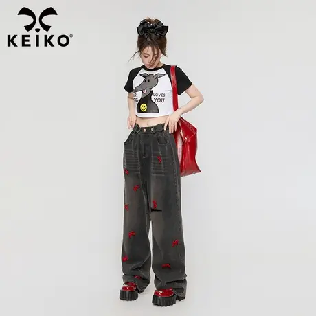 蝴蝶结扎花黑灰色阔腿牛仔裤女2023夏季宽松复古直筒垂感拖地裤子商品大图