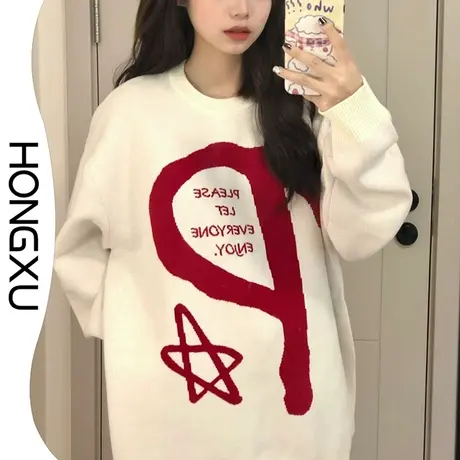 红续港味复古白色毛衣女宽松显瘦2023年外穿慵懒高级感套头针织衫商品大图