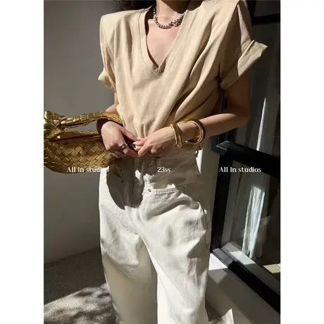 春夏季新款2023年韩版宽松百搭垫肩V领净版纯色短袖T恤女百搭上衣商品大图