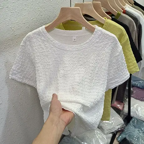 ins超火褶皱肌理感短袖t恤女2023新款夏装宽松百搭潮牌半袖上衣服商品大图