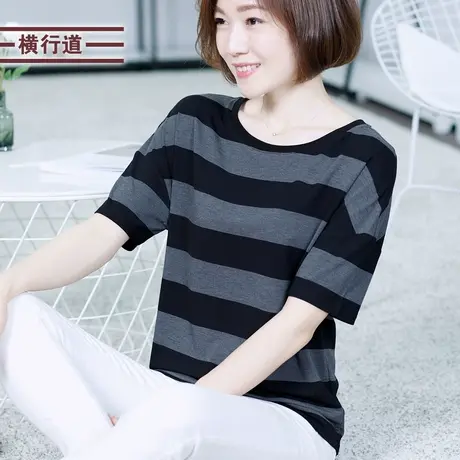2023新款夏装大码中年妈妈短袖t恤女装胖MM宽松条纹百搭中袖上衣商品大图