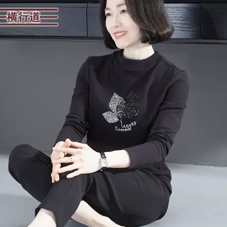 半高领宽松长袖珠片绣花韩版妈妈大码纯色T恤2023新款冬季女上衣商品大图