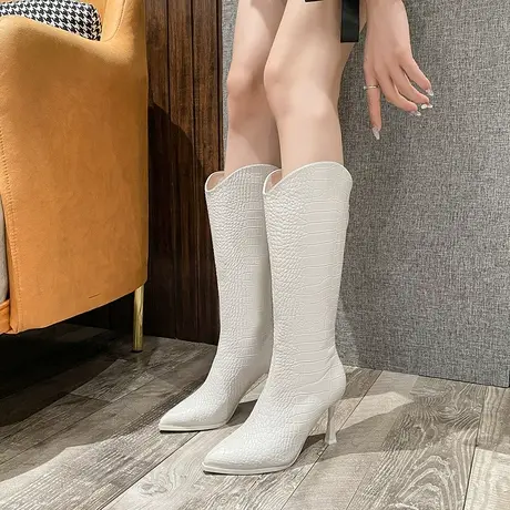 软皮V口不过膝高筒骑士靴女细跟2023冬季新款时尚尖头高跟长筒靴商品大图