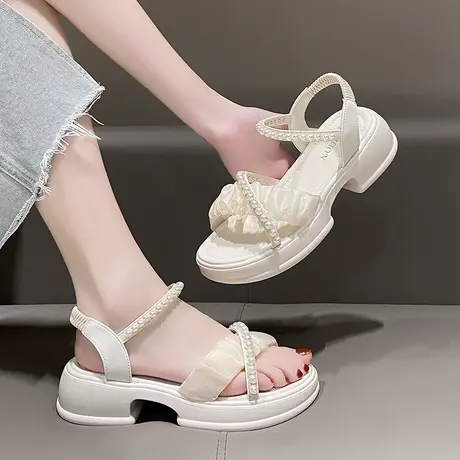 中跟粗跟凉鞋女夏季仙女风配裙子网红超火珍珠网纱沙滩厚底罗马鞋商品大图