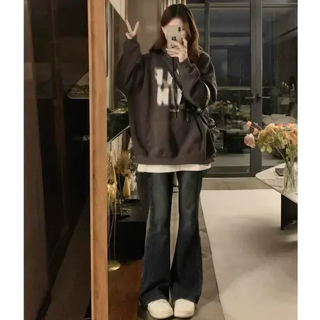 大码春秋款美式oversize连帽卫衣女胖mm宽松显瘦慵懒上衣2-300斤商品大图
