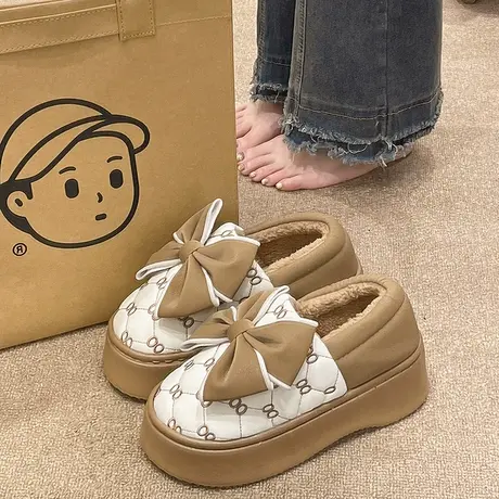 防水棉拖鞋女款室内外穿可爱蝴蝶结冬季保暖加绒厚底包跟月子棉鞋图片