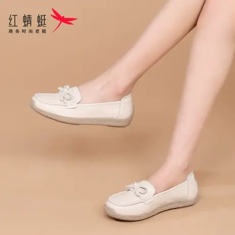 红蜻蜓女鞋春秋软底白色豆豆鞋一脚蹬懒人皮鞋女真皮牛皮单鞋夏季商品大图