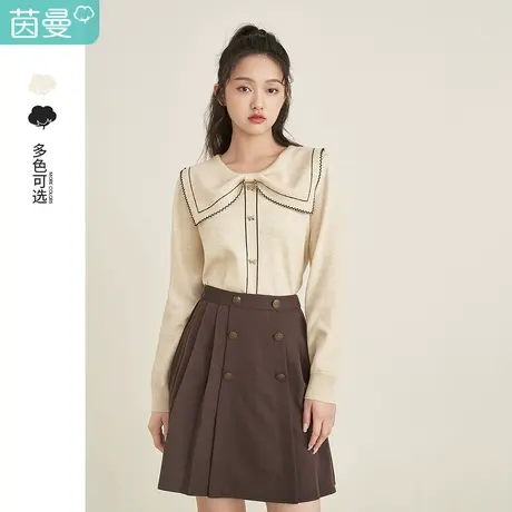 茵曼休闲女2023年春季新款蝴蝶结翻领花边百搭撞色套头宽松针织衫图片