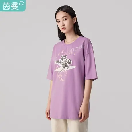 【商场同款】茵曼2023春装新款童趣印花英文珠片圆领紫色T恤休闲商品大图