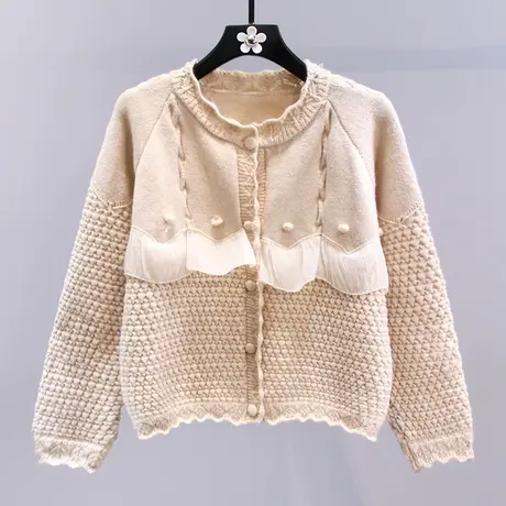 小清新木耳边拼接毛衣外套女秋冬2023新款宽松慵懒风休闲针织开衫商品大图