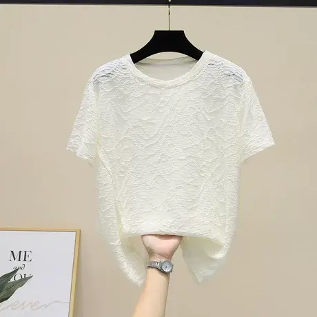 夏季2023新款时尚森女系甜美圆领小心机开衩纯色提花短袖T恤女潮商品大图