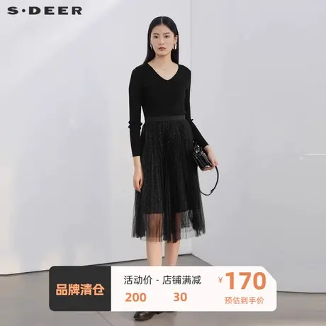 sdeer圣迪奥女装V领风琴褶创意拼接波浪裙摆长袖连衣裙S19461207图片