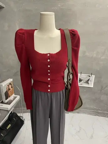 法式复古~纯欲方领针织衫泡泡袖毛衣修身短款单排扣长袖开衫新款商品大图