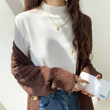 德绒打底衫女秋冬洋气加绒加厚内搭新款2023年爆款白色半高领上衣商品大图