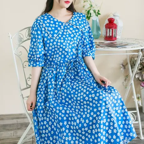 胖妹妹夏季2023新品棉质蓝花花短袖连衣裙大码复古大翻领宽松长裙商品大图