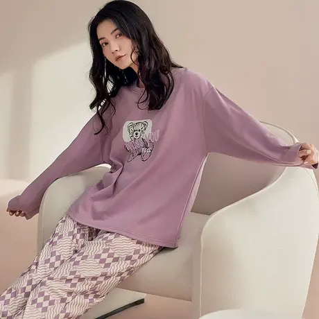 猫人睡衣女春秋季纯棉长袖套装2023新款女士大码可外穿家居服套装商品大图