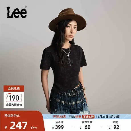 Lee商场同款舒适版101+豹纹满印流苏圆领黑色女短袖T恤休闲潮流图片